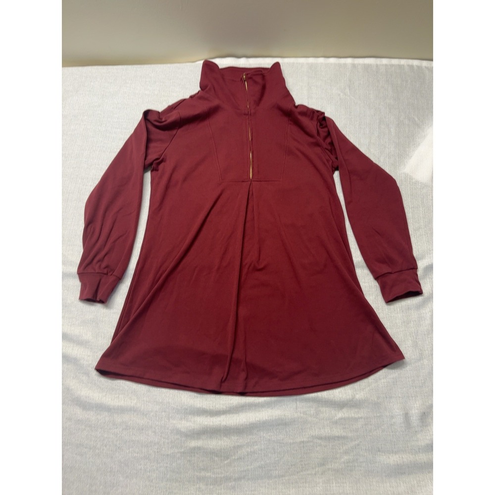 Timeson Burgundy Mock Neck Quarter Zip A-Line Dress Long‎ Sleeve Women Size XL